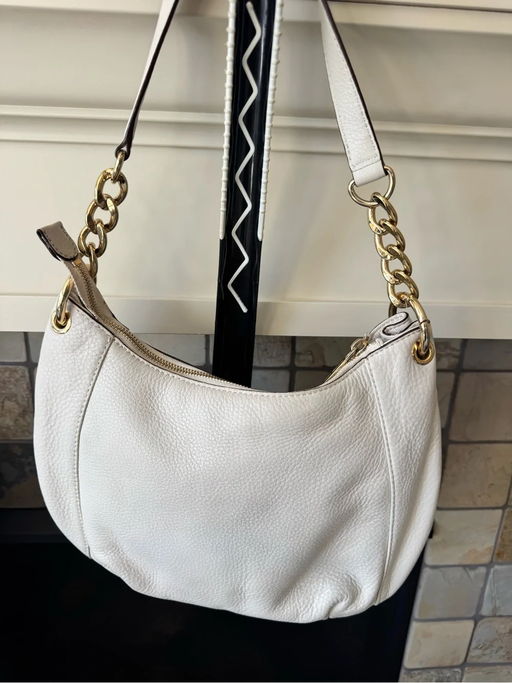 Michael Kors Cream Pebbled Leather Shoulder Hobo with Tassel and Gold Hardware